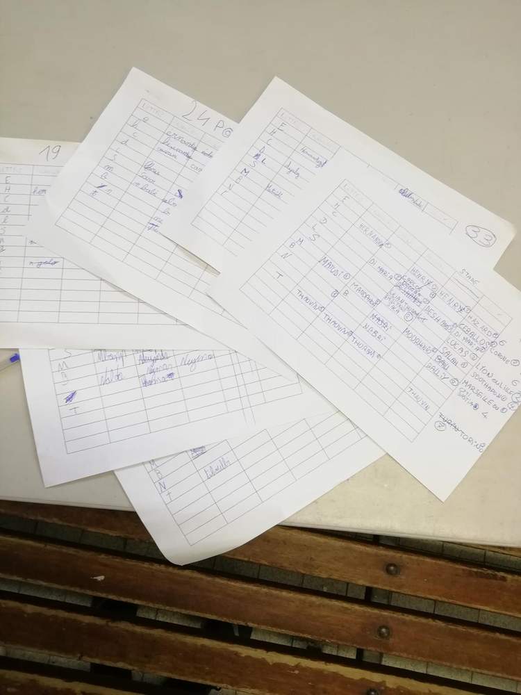 Des feuilles de papier avec des listes manuscrites sont posées sur une surface claire, avec un banc en bois en arrière-plan.