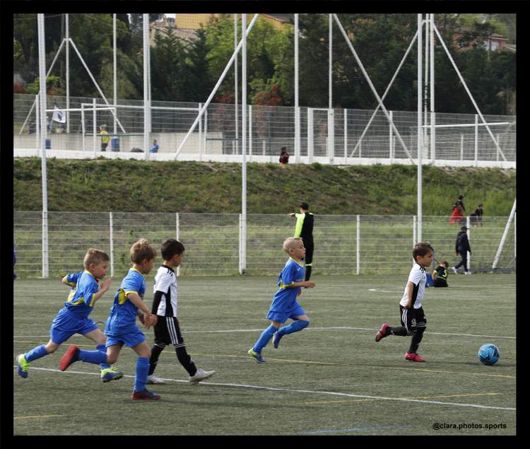 De jeunes footballeurs en maillot bleu et blanc courent sur un terrain de football avec un ballon.