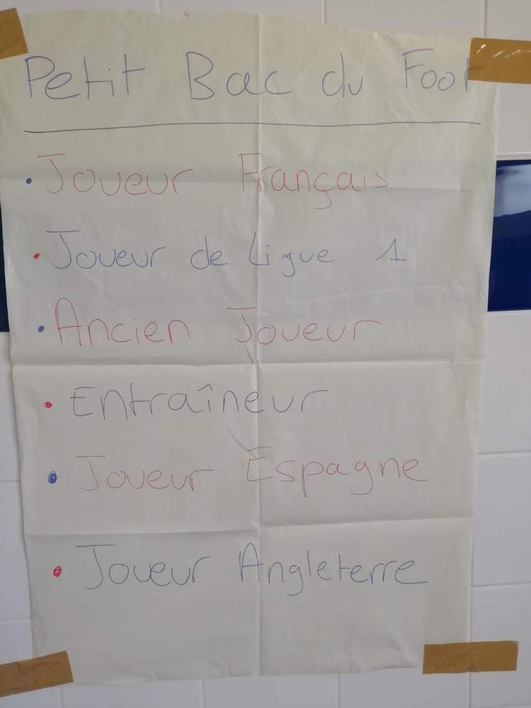 Une feuille de papier avec le titre 'Petit Bac du Foot' et des catégories de joueurs et entraîneurs, scotchée sur un mur carrelé.