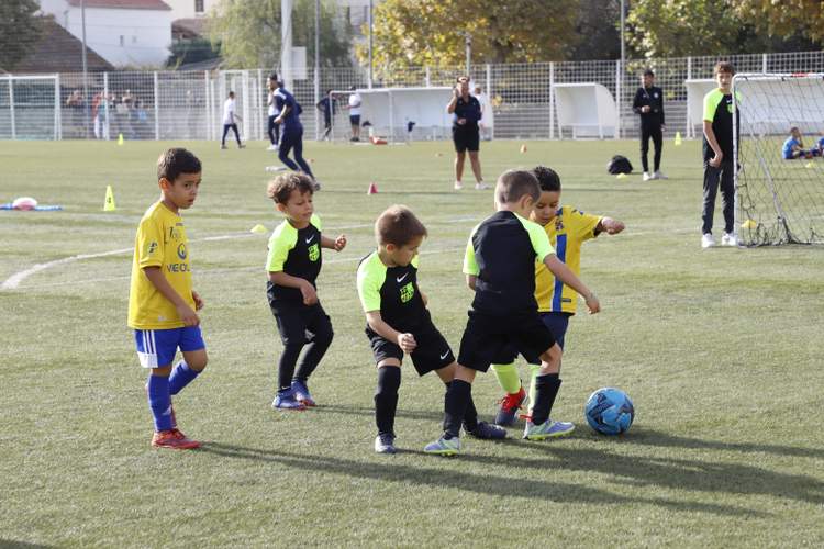 De jeunes enfants jouent au football sur un terrain ensoleillé, encadrés par des adultes en arrière-plan.
