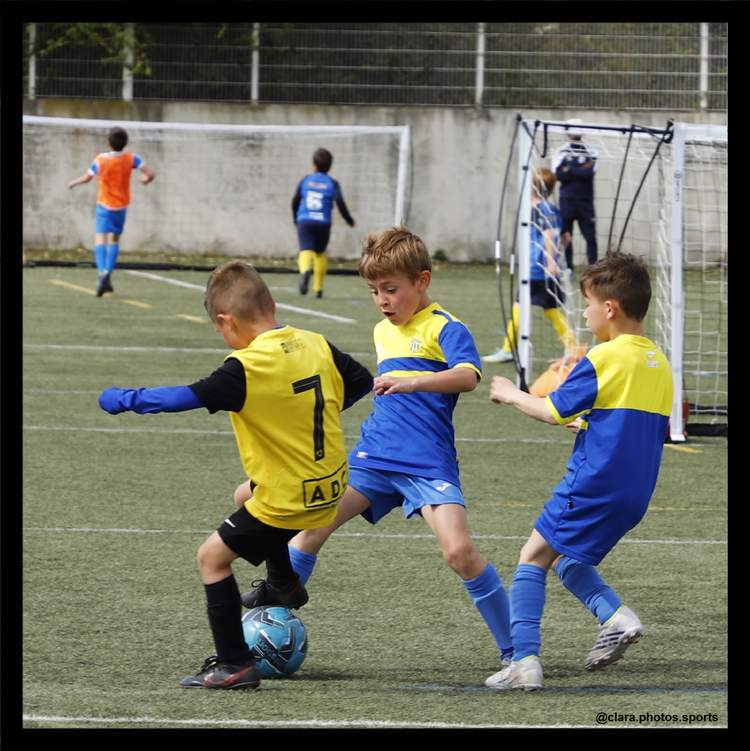 De jeunes footballeurs en maillots bleus et jaunes s'affrontent sur le terrain, avec un ballon au premier plan.