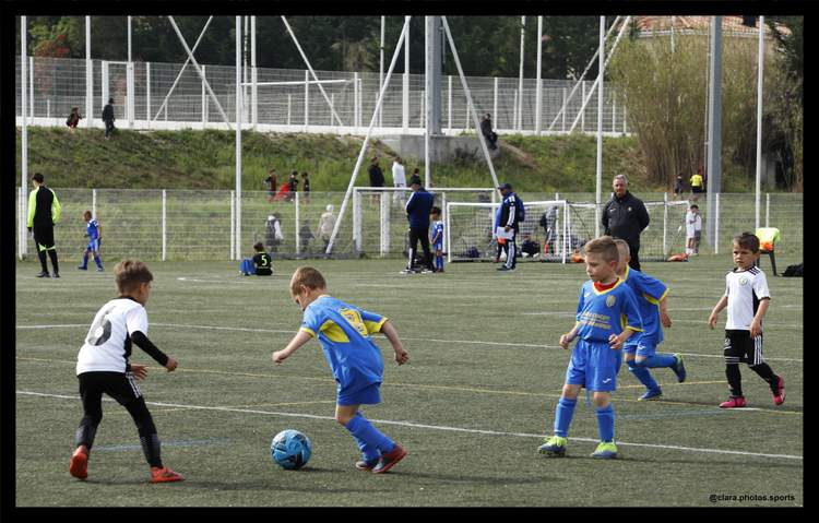 De jeunes footballeurs en maillots bleus et blancs s'entraînent sur un terrain de football en herbe sous le soleil.